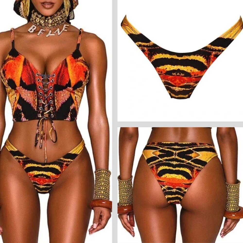 New! BFYNE Amila Black Yellow Orange Animal Print Bikini Bottom 10602